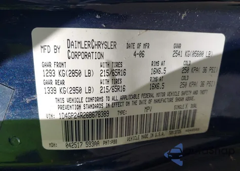 2006 Dodge Grand Caravan Se из США, поврежденный, VIN 1D4GP24R26B678389